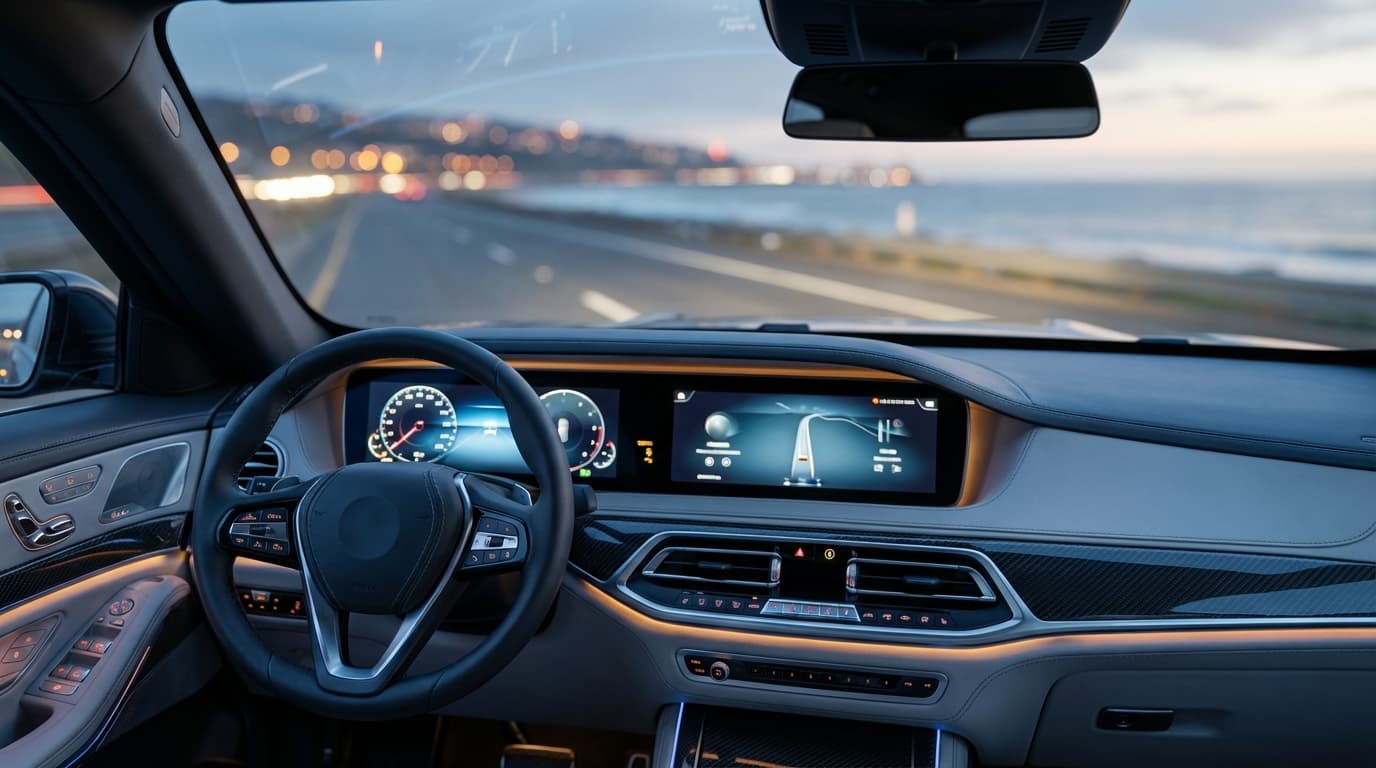 View from inside luxury car driving on highway at dusk