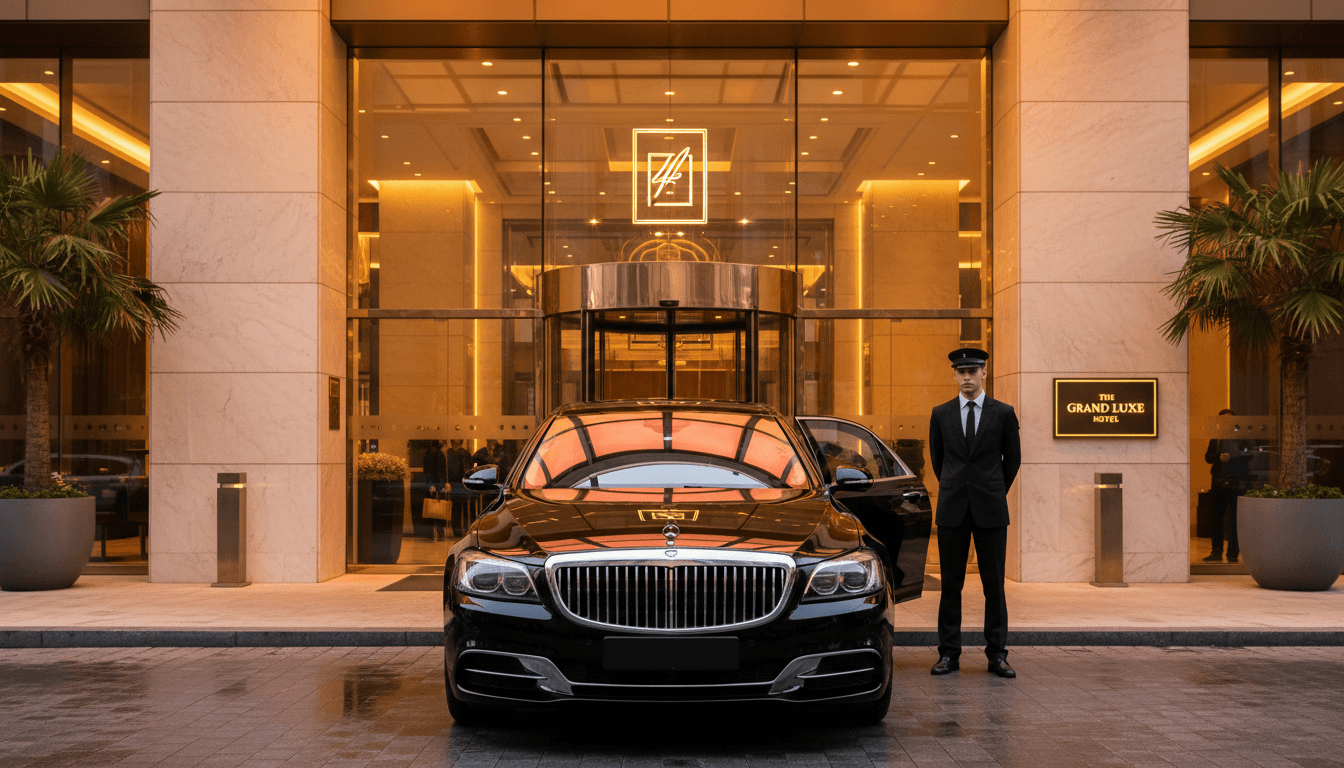 Chauffeur holding car door open at airport curb