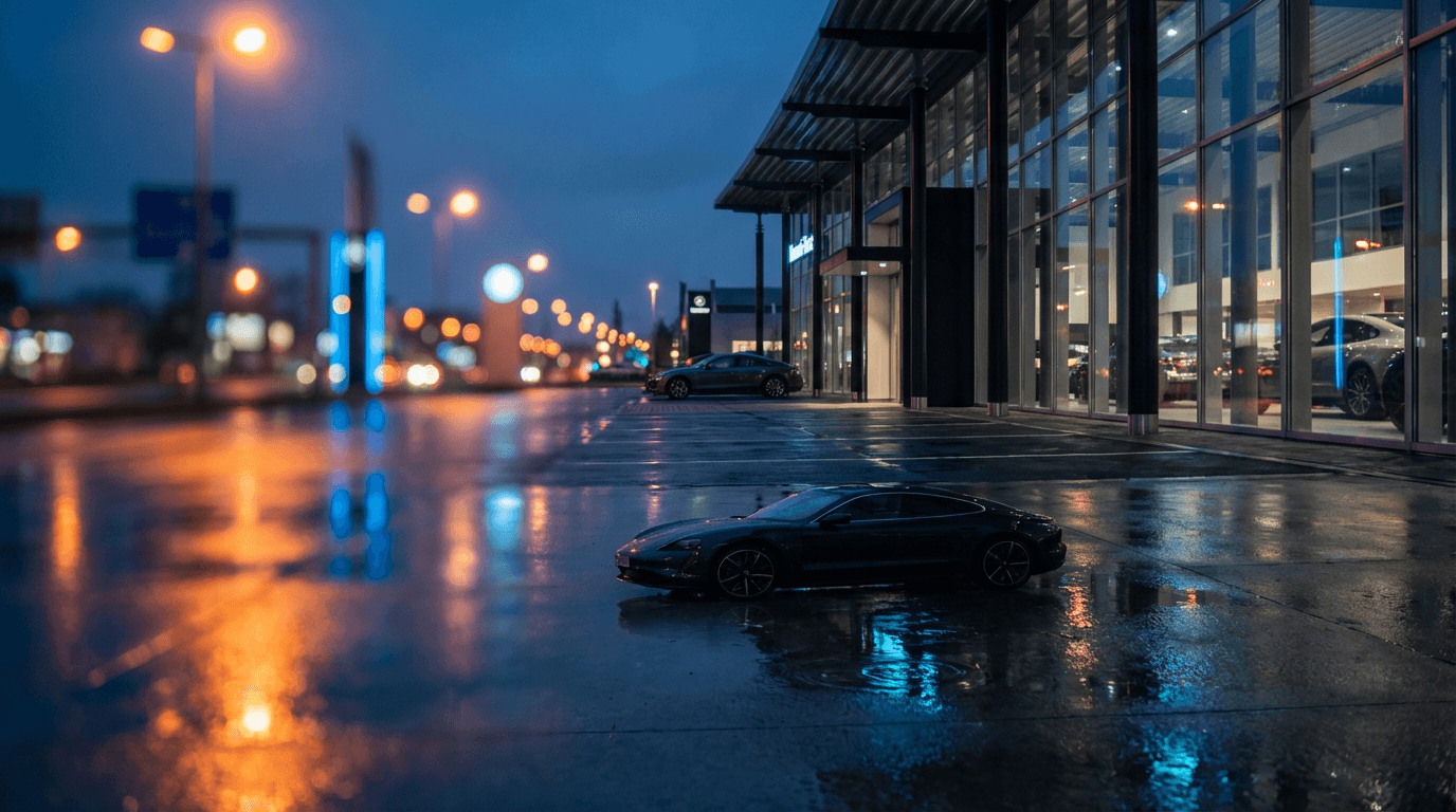 Luxury black sedan on a wet Toronto street at night with city lights reflecting off the pavement