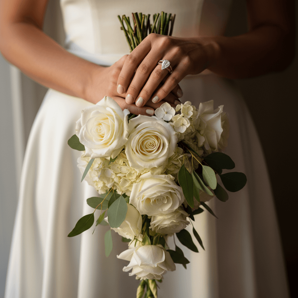 Bride being helped into luxury car by chauffeur