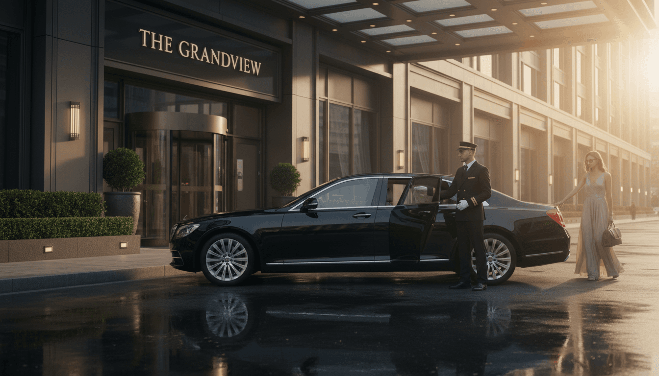 Chauffeur holding umbrella beside luxury car at theater